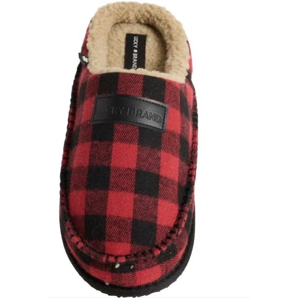 NEW $50 LUCKY BRAND Men's‎ Red Buffalo Plaid Slippers Sherpa Lined Large 11-12